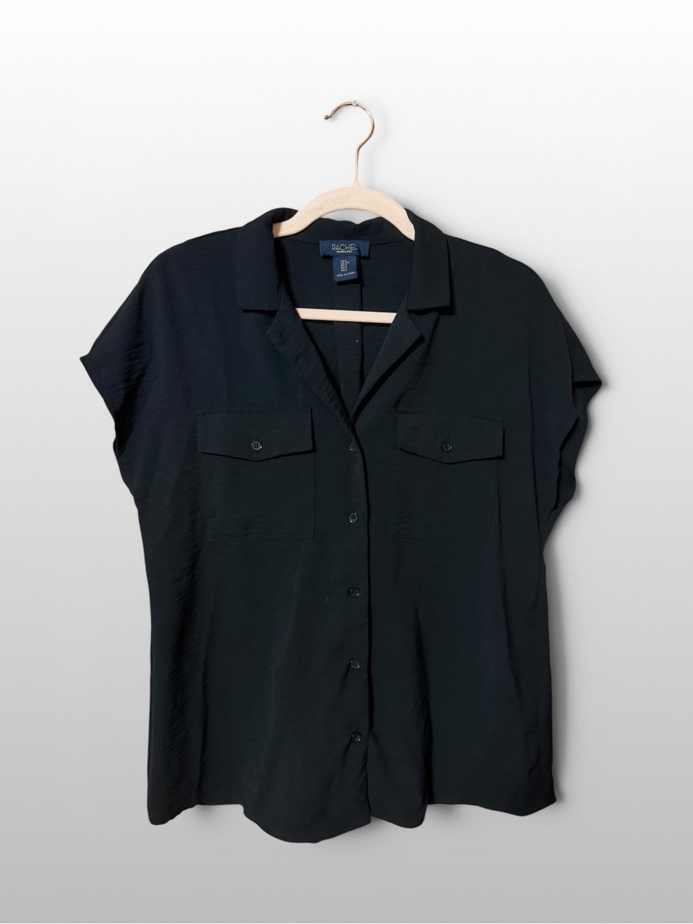 Rachel Rachel Roy Black Utility Blouse Cap Sleeve Button Front S
